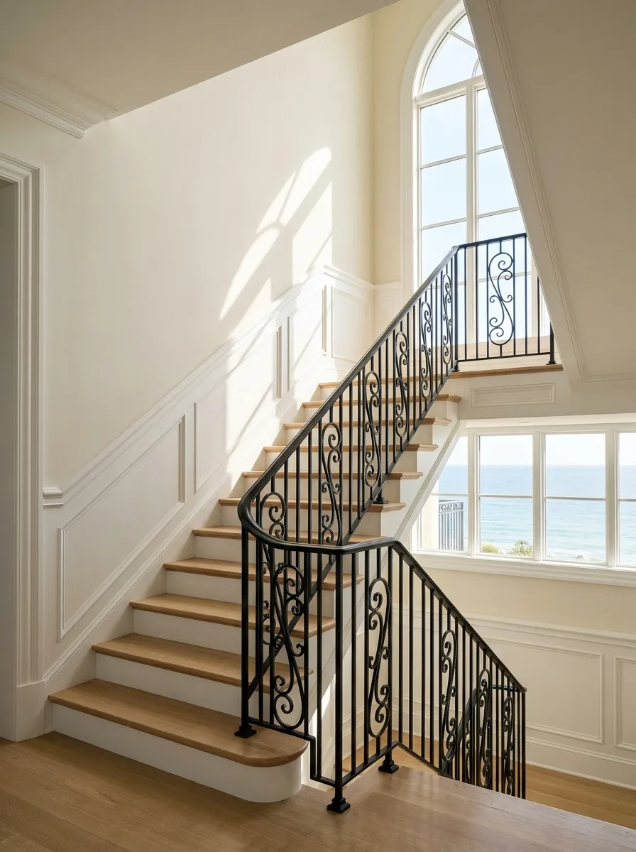 Sculptural Staircase — Hand-crafted wood treads, crisp painted millwork, and a hand-scrolled iron railing under a soaring arched window.