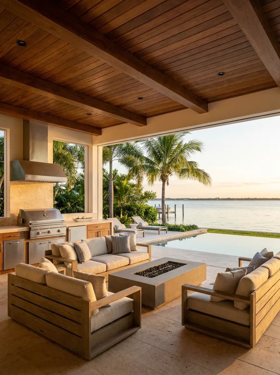 Waterfront Lanai — A covered outdoor living room and summer kitchen with tongue-and-groove ceiling opening to pool and bay.