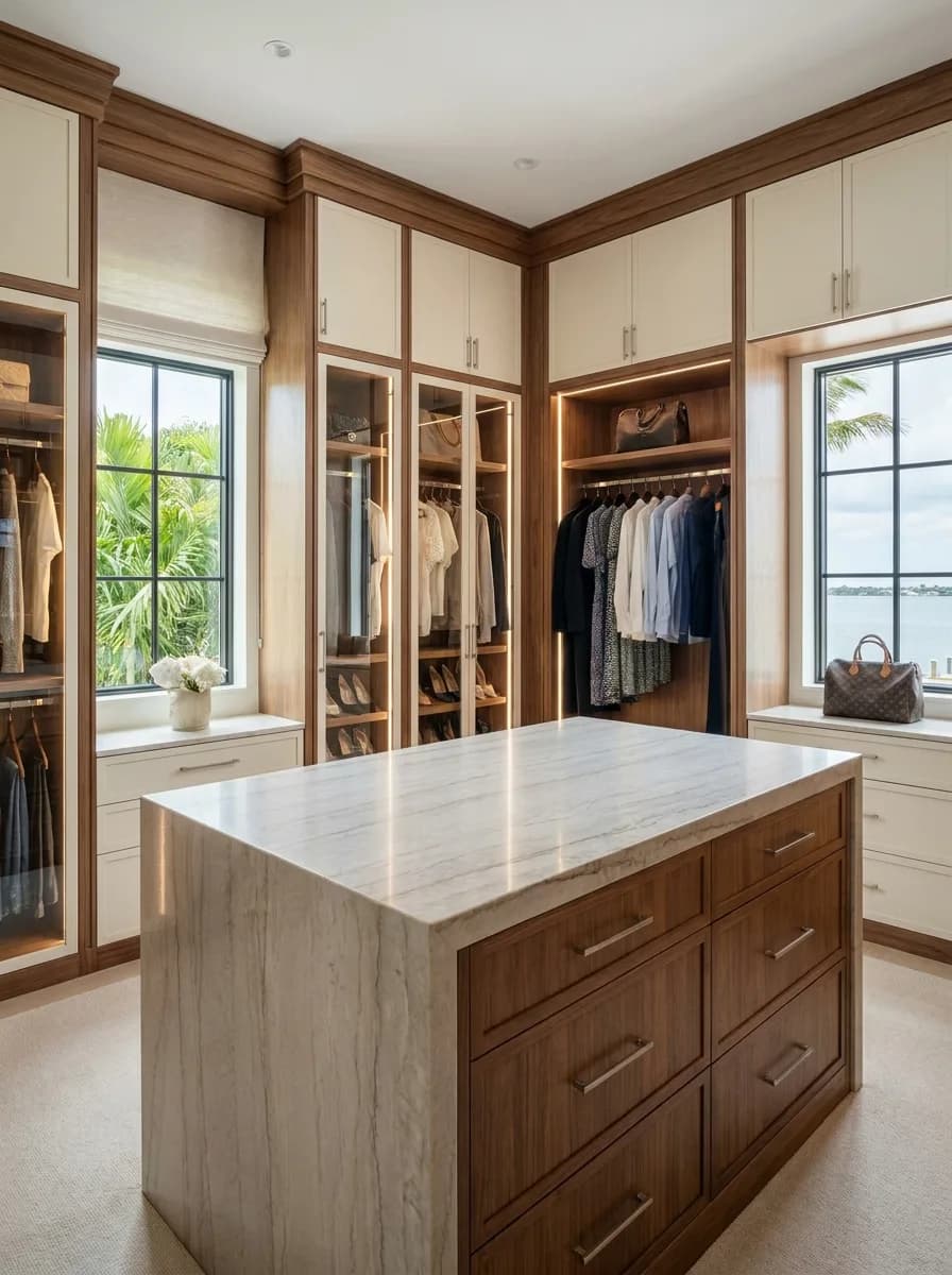 Custom Walk-In Closet — Floor-to-ceiling custom cabinetry and integrated lighting around a stone-topped center island.