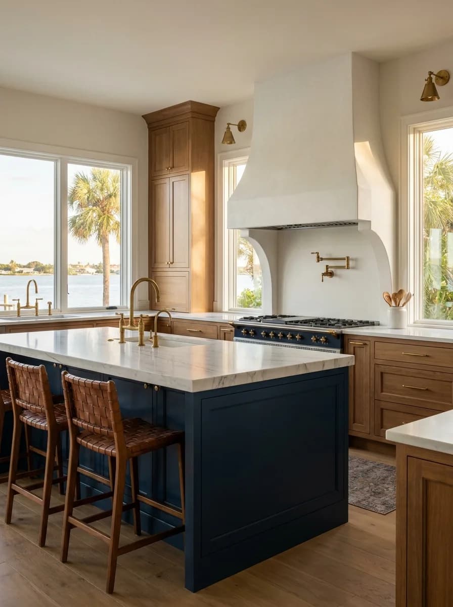 Waterfront Chef's Kitchen — Navy island with a marble waterfall, plaster range hood, and brass fixtures framed by bay views.