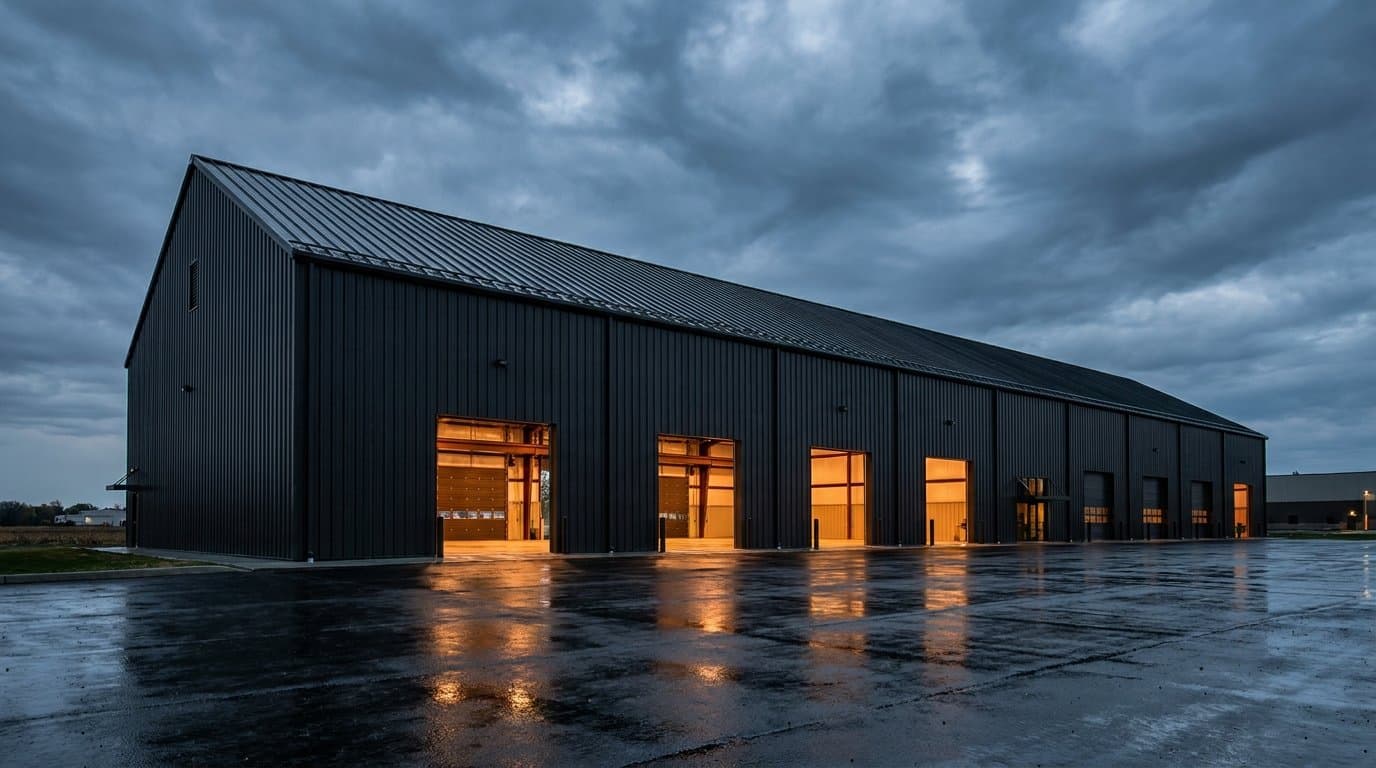 Custom dark-steel building by Coastal Lane Steel Construction at dusk
